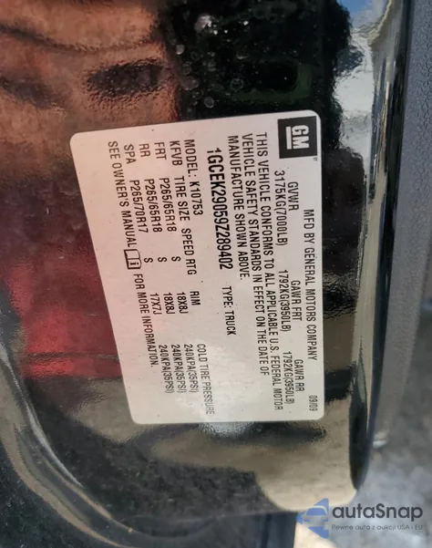 2009 Chevrolet Silverado K1500 Lt z USA, uszkodzony, nr VIN 1GCEK29059Z289402